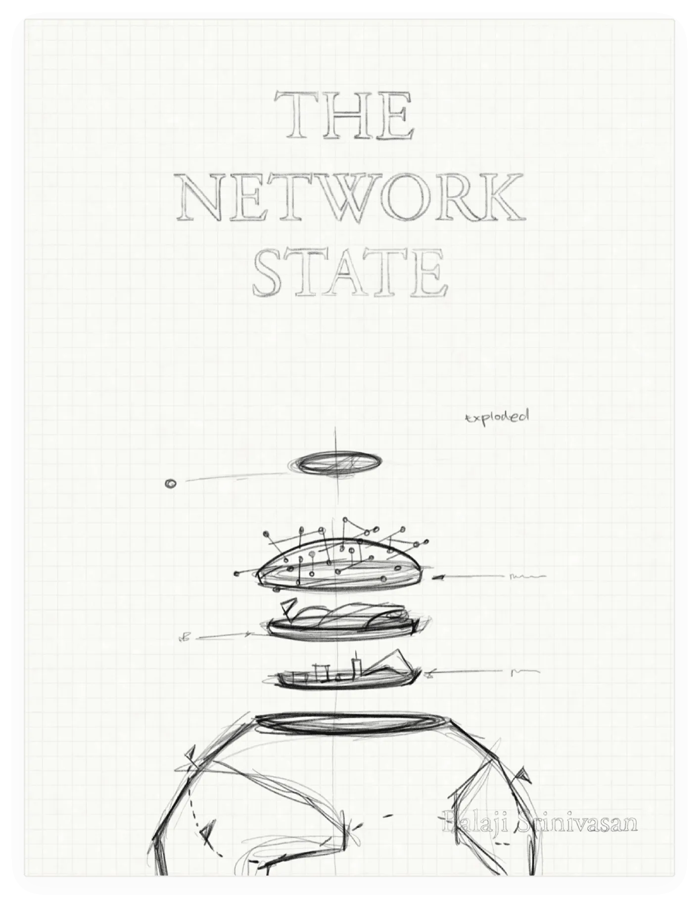 Pencil cover sketch separating networks and terrain into stacked layers