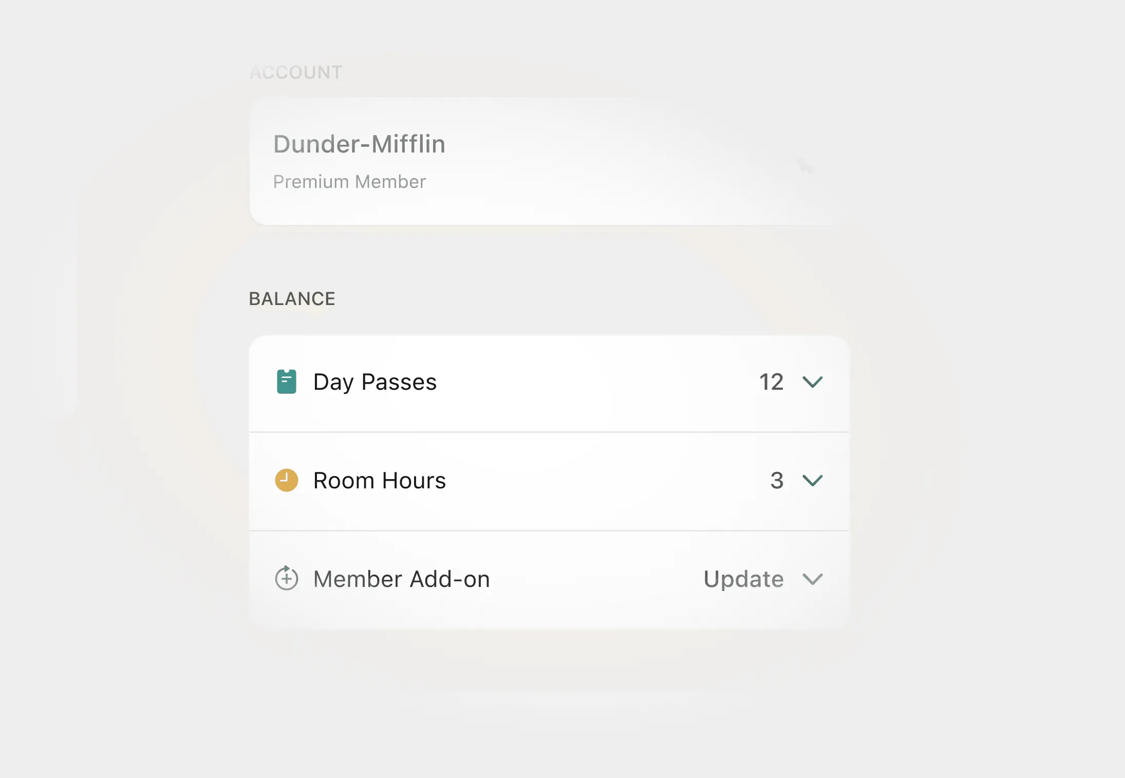 Office Dashboard showing day-pass and meeting-room balances