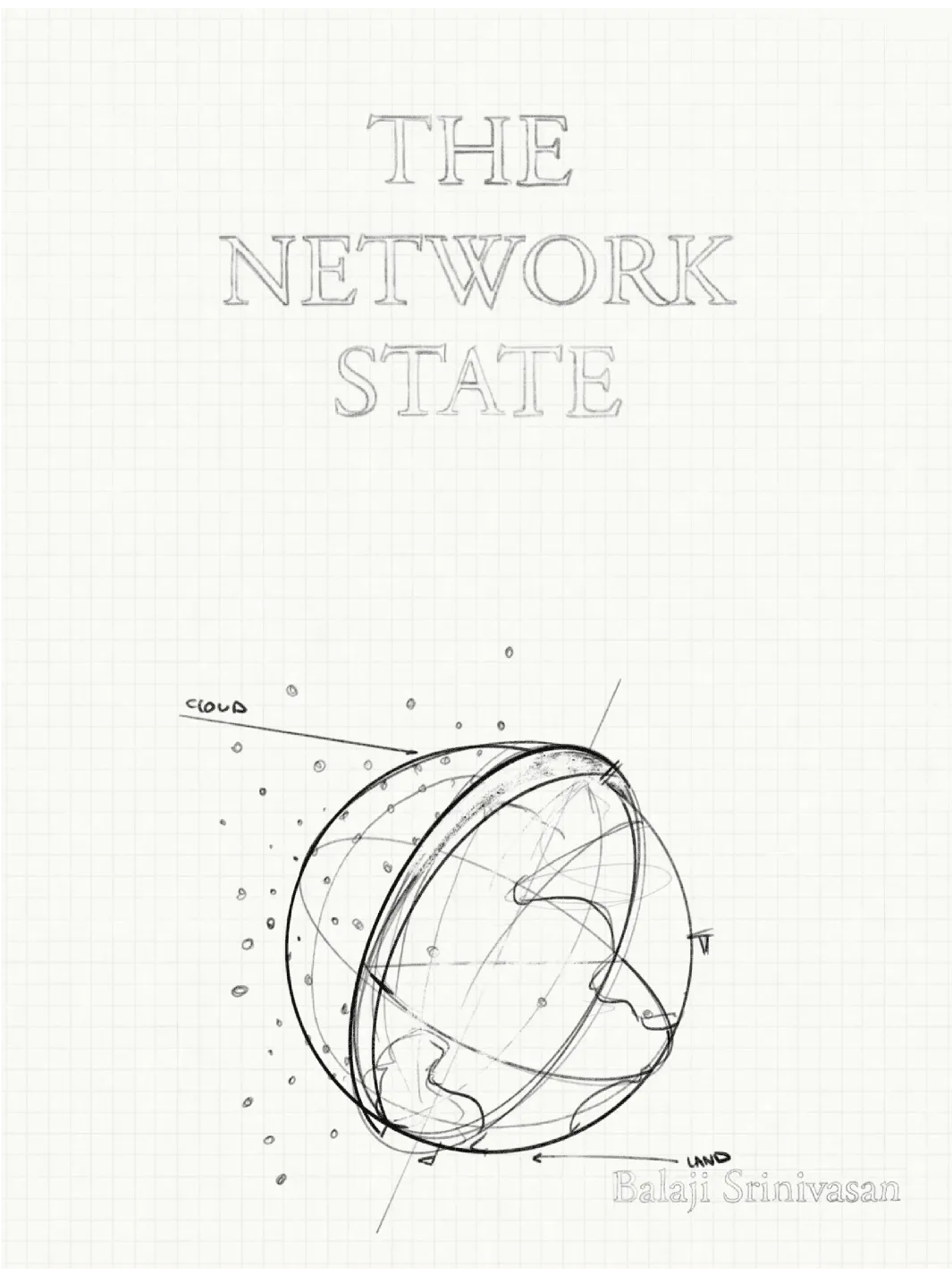 Pencil cover sketch with a network floating above a section of the Earth