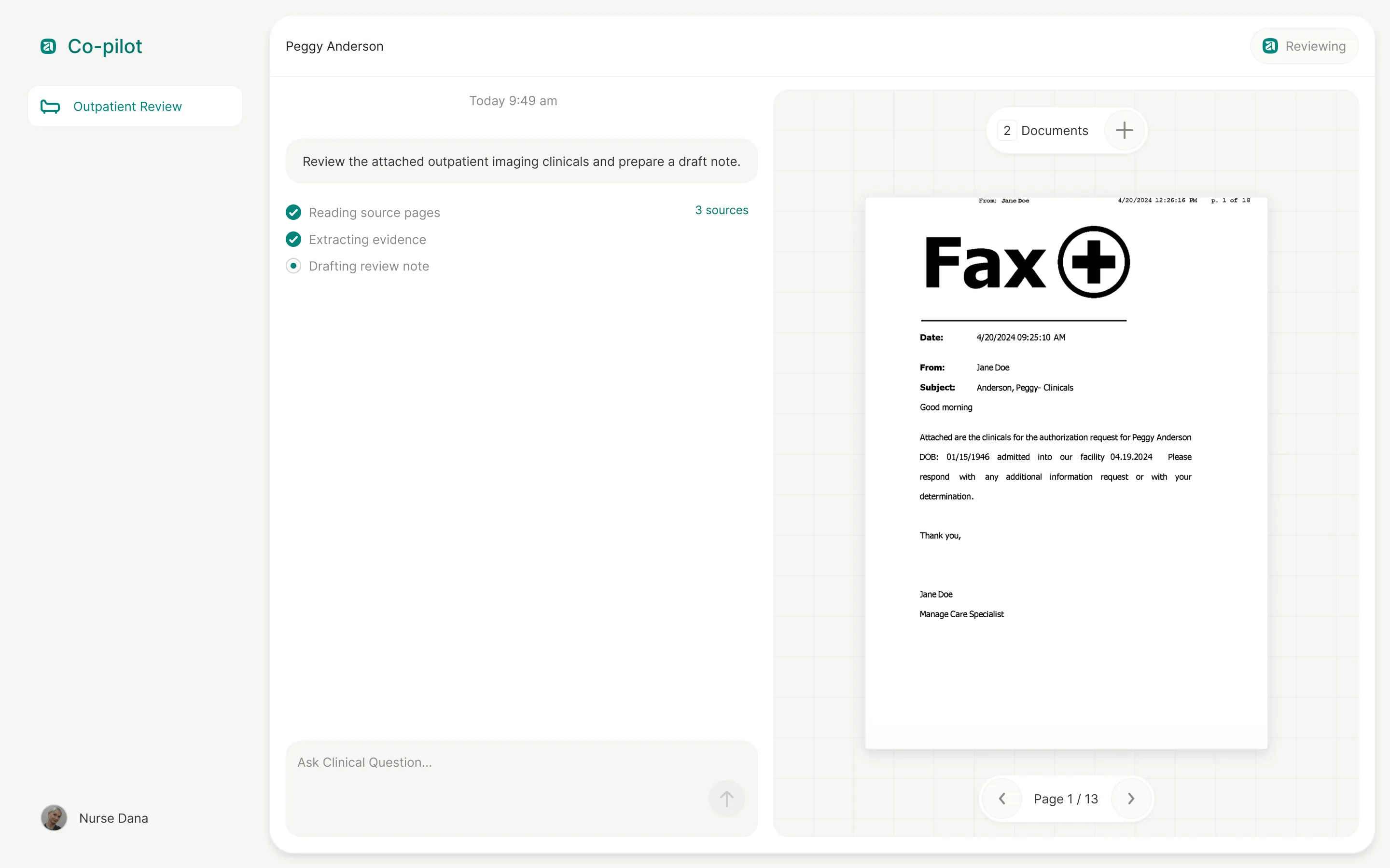 Copilot shows its progress reading source pages, extracting evidence, and drafting a review note beside the clinical documents.